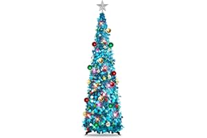 N&T NIETING Pop Up Christmas Tree with Lights & 30 Balls, 5Ft Collapsible Blue Tinsel Christmas Tree Decorations, Pencil Christmas Tree Skinny Christmas Tree for Holiday Xmas Home Office Decor