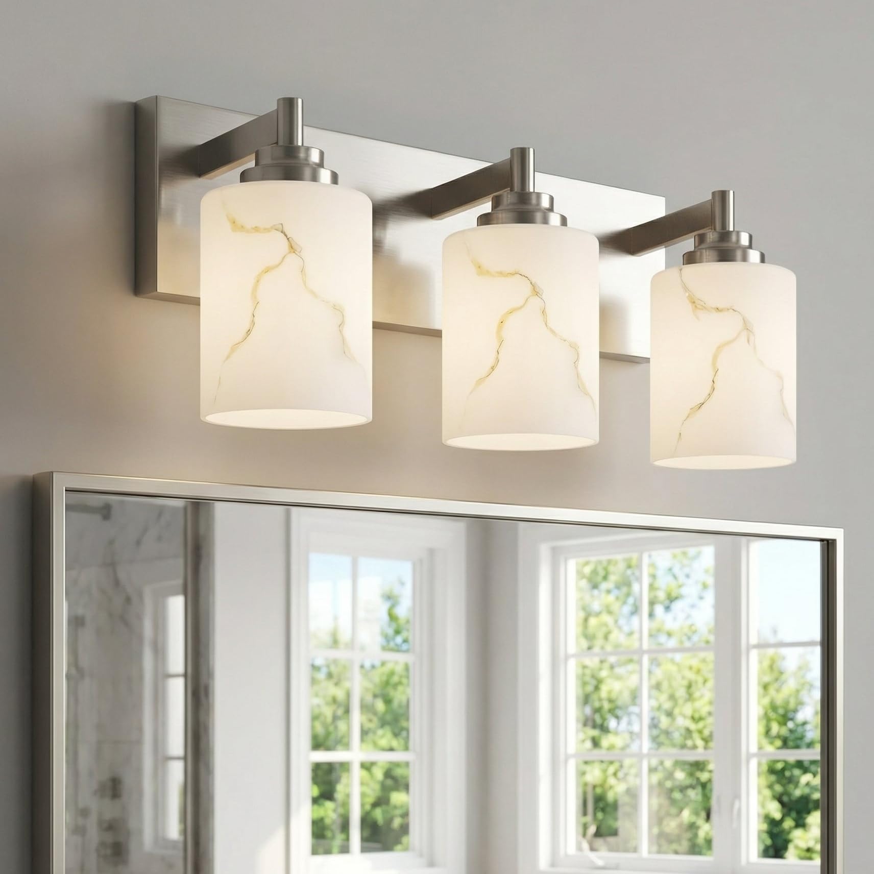Photo 1 of Mieloxiy 3-Light Bathroom Light Fixture, Brushed Nickel Modern Vanity Light with White Marble Glass Shade, for Bathroom Mirror, Living Room, Bedroom, Hallway, E26 Base, Extended Base