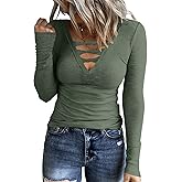 HERILIOS Women Casual Long Sleeve Tunic Tops V-Neck T Shirts Criss Cross Ribbed Casual Tee Slim Fitted Fall Blouse