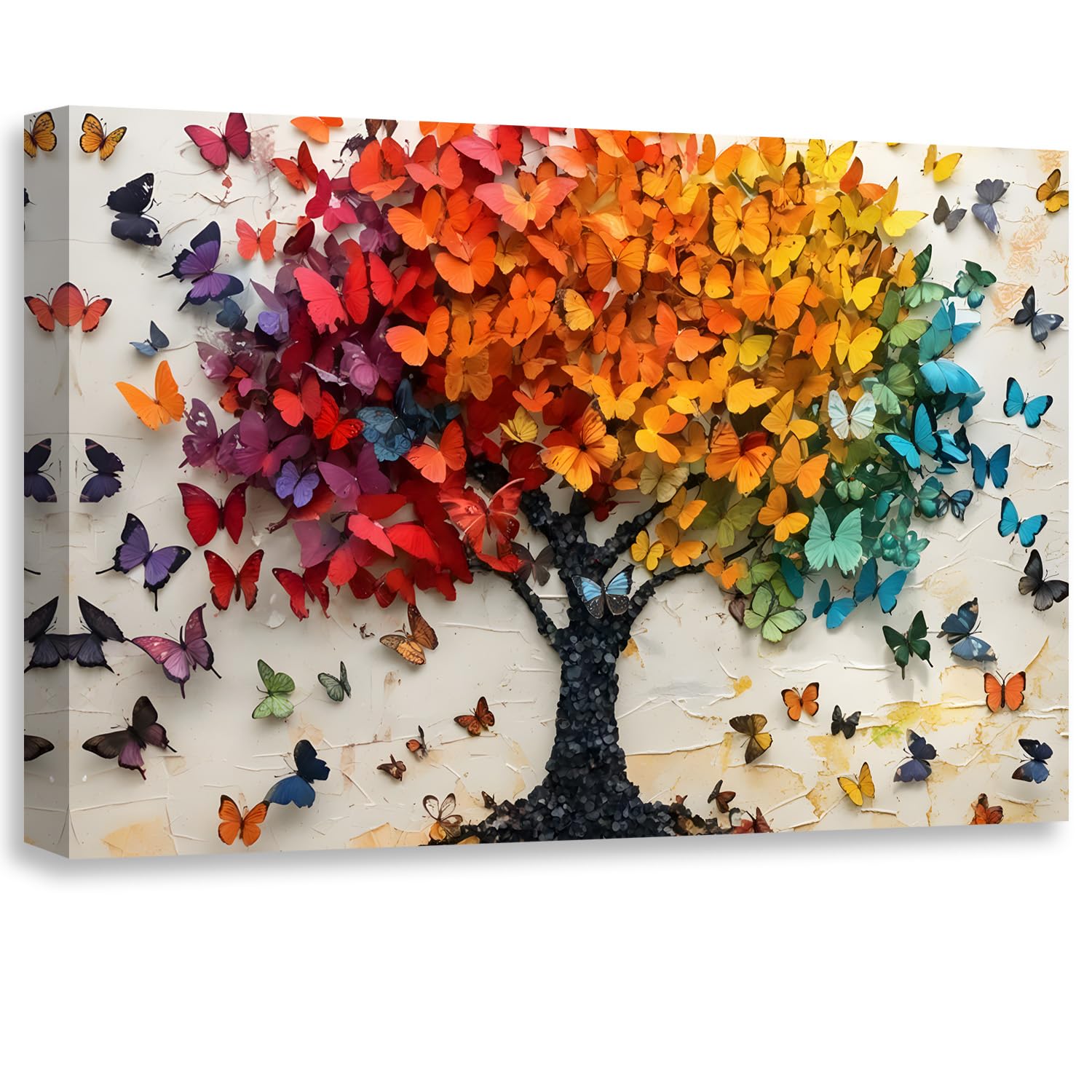 Photo 1 of 2D No Texture Tree of Life Canvas Wall Art Colorful Butterfly Wall Decor, Cute Butterfly Picture for Wall Living Room Bathroom Bedroom Home Decoration 12*18 in (Stretched Canvas on A Wooden Frame)