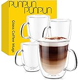 PunPun 17OZ. 500ml Clear Coffee Mugs, Glass for Coffee, Double Wall Insulated Glass Mugs with Big Handle, Every Day for Americano, Latte, Cappuccinos and Beverage.Set of 4