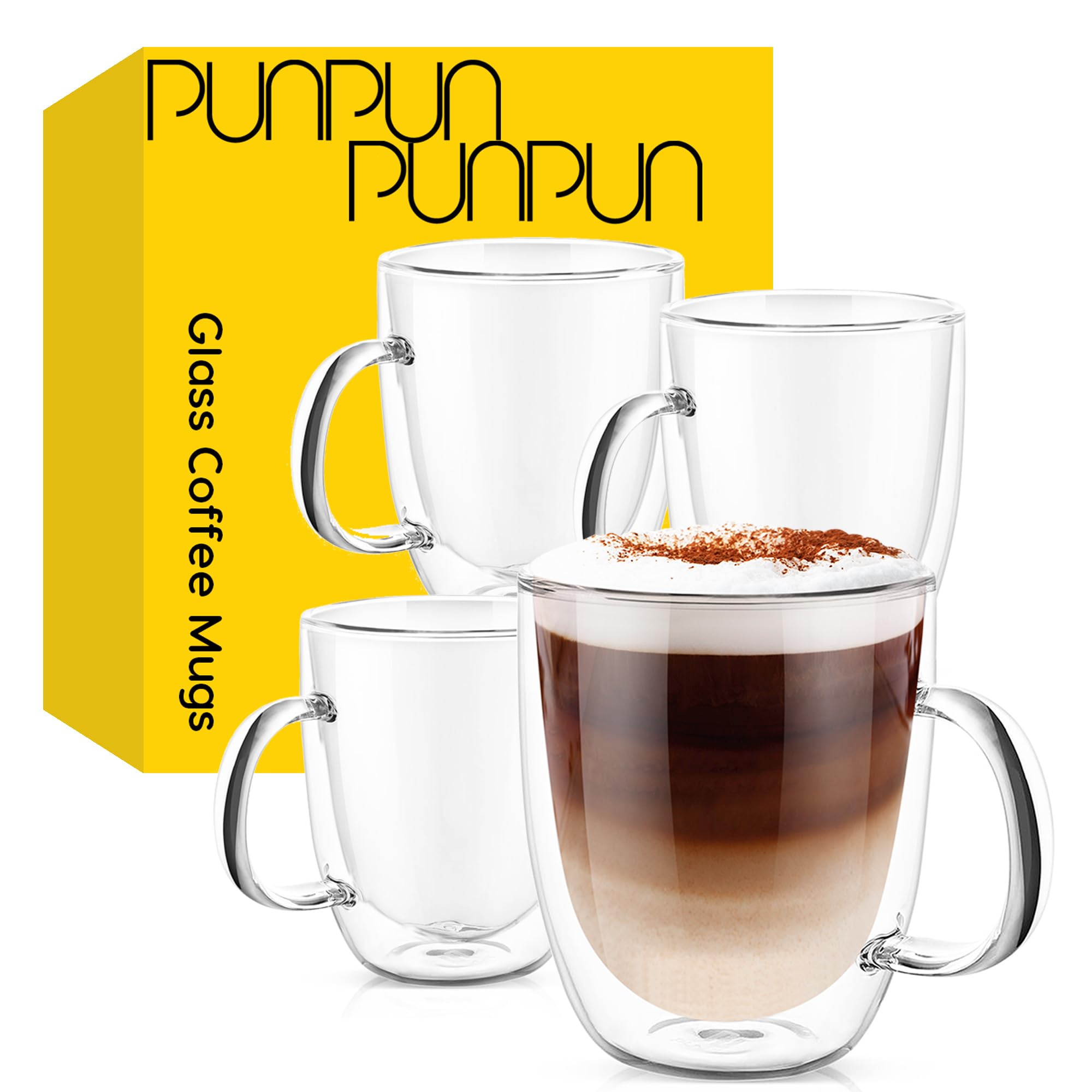 PunPun Large Coffee Cup Set of 4, Glass Mugs for Hot Beverages & Iced Coffee, Double Wall Glass Coffee Mugs