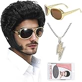 Rock Wig Set for Men – 50s 60s 70s Retro Costume Wig with Sunglasses, Necklace & Wig Cap – Singer Rocker Costume Wig for Halloween, Disco, Cosplay Party (Black)