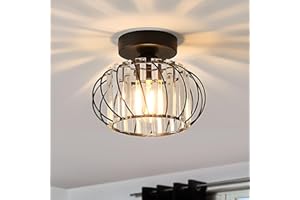 ANWIO Semi Flush Mount Ceiling Light, Crystal Small Chandelier Hallway Light Fixtures Ceiling Black Metal Cage, Modern Crysta