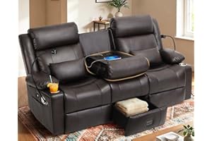 ABCASA 3 Seater Recliner Sofa, Brown Reclining Couch with Flip Middle Backrest, Phone Holder, Side Pocket, Drawer, Power Outlet, Reclining Sleeper for Home Theater & RV (PU Leather - Brown)