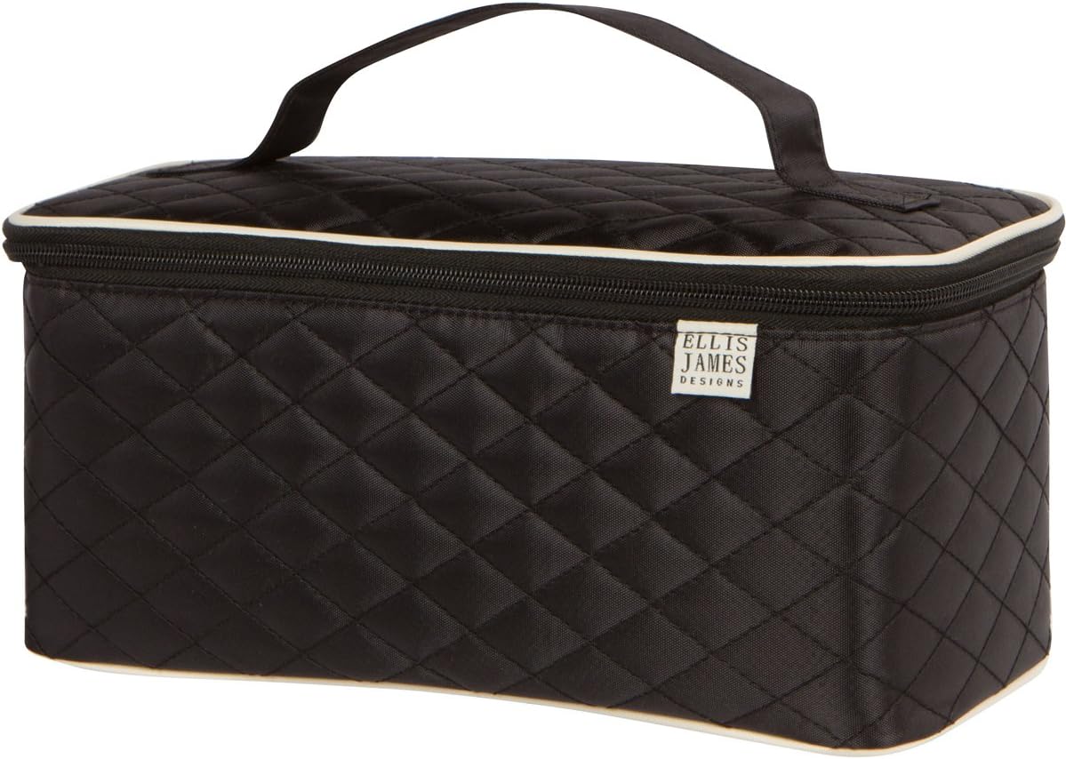 Ellis James Designs Large Travel Makeup Bag Organizer - Cosmetics Train Case Toiletry Bags for Women - Black - With Handle & Make Up Brush Holders - Professional Hair Dryer Cases & Beauty Storage