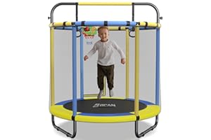 BCAN 60''/48" Mini Trampoline for Ages 1 to 8 Kid, 5FT Toddler Trampoline - Indoor/Outdoor Use with Enclosure Net, Foam Handle, Adjustable Gymnastics Bars, Basketball Hoop, Gifts for Boys & Girls