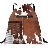 AYBELWG Drawstring Backpack Sports Gym Bag, Large String Swim Bag for Beach With Water Bottle Mesh Pocket, Cute Gym Sack with Zipper Pocket for Men Women Cute Brown Cowhide
