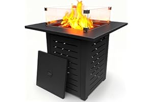 MAISON BACKYARDS 28'' Propane Fire Pit Table, 50,000 BTU Steel Gas Firepit for Outdoor Patio Deck and Garden, CSA Certified Fire Pit with Lid, Waterproof Cover, Glass Wind Guard and Lava Rock, Black