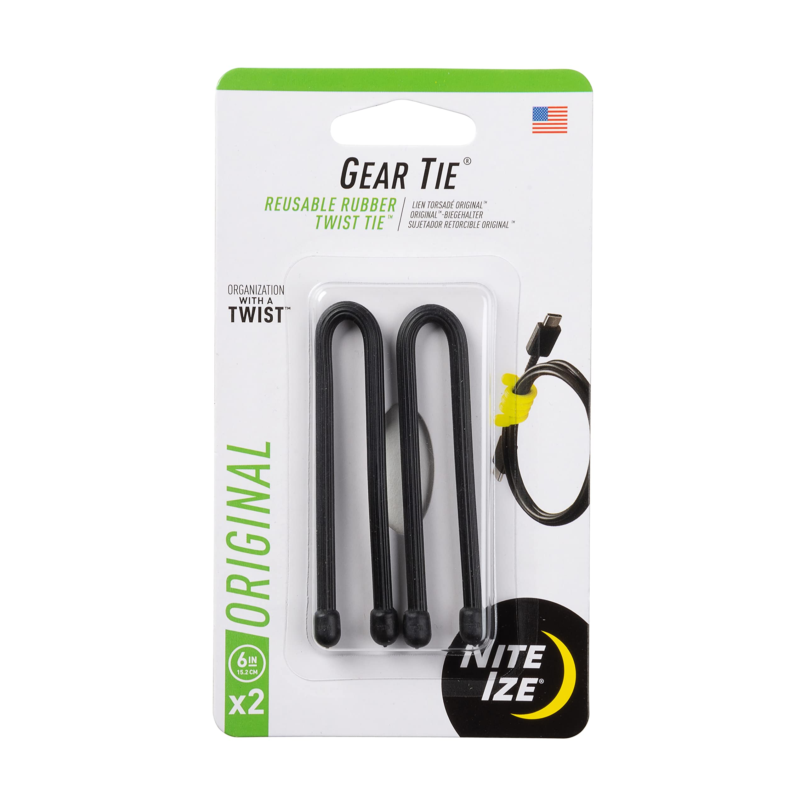 Nite Ize GT6-2PK-01 Original Gear Tie, Reusable Rubber Twist Tie, Made in the USA, 6-Inch, Black, 2 Pack