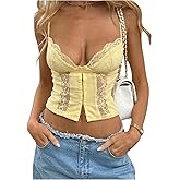 WDIRARA Women's Sexy Lace Low Cut Cami Crop Top Sexy Y2k V Neck Camisole Tops