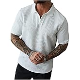 Verdusa Men's Business Casual Outfits Textured Short Sleeve Tennis Shirts Collared Work Tees Cable Knit Tops
