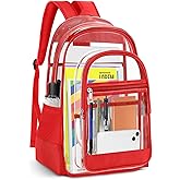 KIMNERPU Clear Backpack, Heavy Duty PVC Transparent Backpack with Reinforced Straps, See Through Multiple Pockets Large Capacity Bookbag for Concert Work Security Travel Festival (Red)