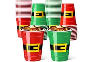 Potchen 50 Pcs Disposable Christmas Party Cups, 12 oz Red & Green Santa Elf Belt Plastic Drinking Cups Bulk for Xmas Dinner Beverage Winter Holiday Party Favors Supply