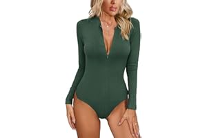 MISSJOY Women's Zipper Sexy V Neck Long Sleeve Ribbed Slimming Basic Bodysuit Tops T Shirts