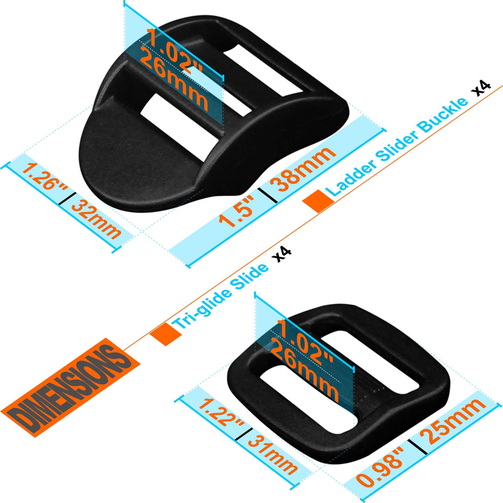 4 Pack Slider Ladder Lock Buckle and Tri-glide Slide for 3/4