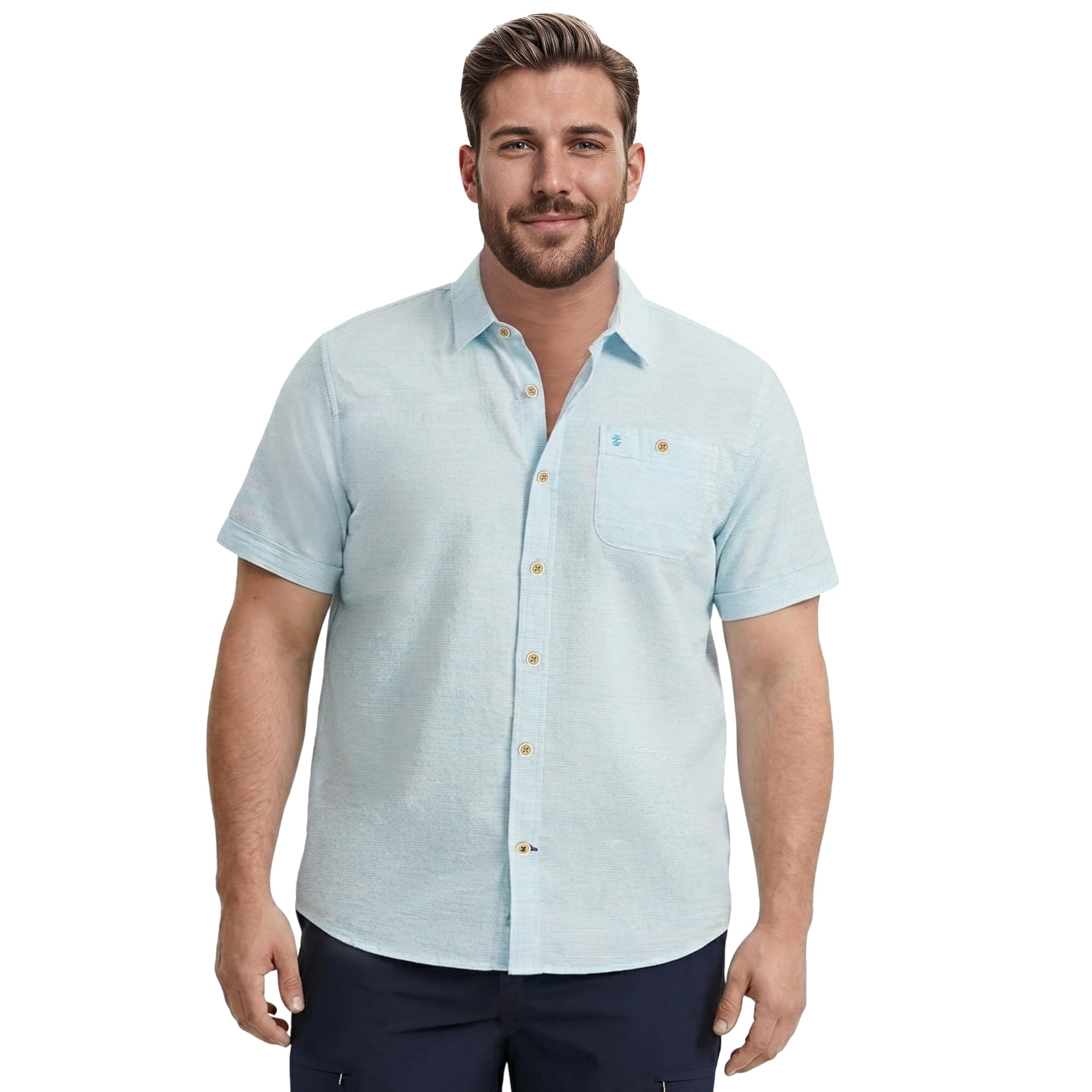 Izod Men’s Big and Tall Saltwater Dockside Short Sleeve Button Down Shirt, Bachelor Button Stripe, XX-Large Tall