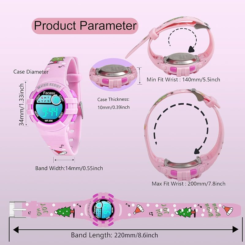 Kinderuhr Digital Mädchen Jungen,wasserdichte Kinderuhr,Bunt Light,Outdoor Sport Armbanduhr Kinder,Einfaches Ablesen Einstellen der Uhrzeit mit Stoppwatch Alarm für Kinder 4-8 — Foto 6 von 7