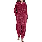 Kissonic Women's Onesies Pajamas Sherpa Fleece One Piece Romper Zipper Cute Hooded Jumpsuit Pajama Loungewear
