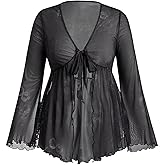 Floerns Women's Plus Size Boho Tops V Neck Bell Long Sleeve Tie Front Tee Shirts Concert Outfits