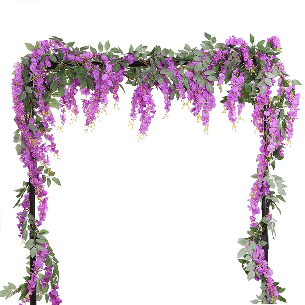 LESHABAYER 5.6 Feet/pcs Artificial Silk Wisteria Vine Rattan Hanging Flower Garland Ivy Plants for Outdoor Wedding Party Home Garden Wall Decoration,Pack of 4 (Purple)