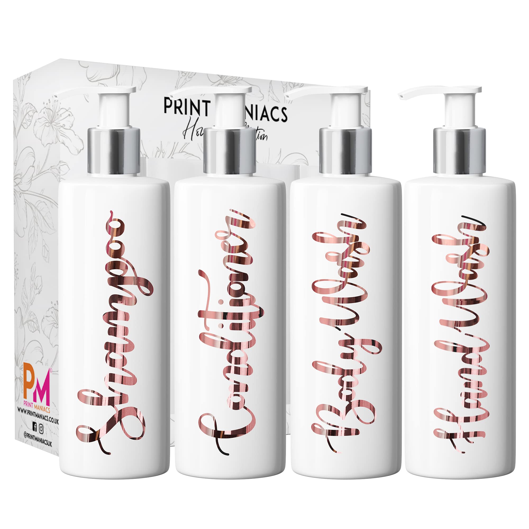 Print Maniacs White Mrs Hinch Inspired Personalised 500ml Pump Bottles Bathroom Lotion Kitchen Set Shampoo Conditioner ( Hand Wash Set ) (Rose Gold)