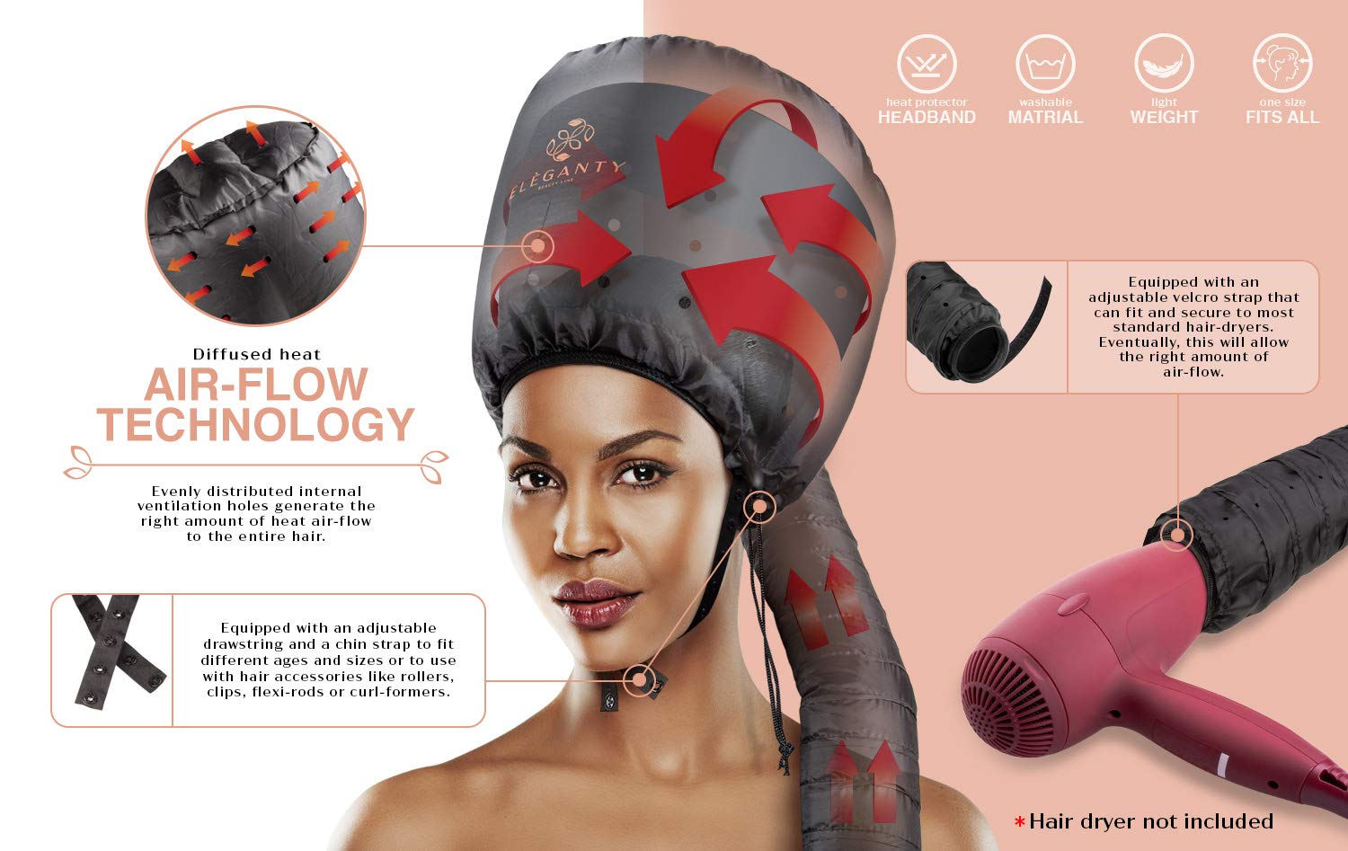Eleganty Soft Bonnet Hood Hairdryer Attachment with Headband that Reduces Heat Around Ears and Neck to Enjoy Long Sessions - Used for Hair Styling, Deep Conditioning and Hair Drying (Black): Beauty