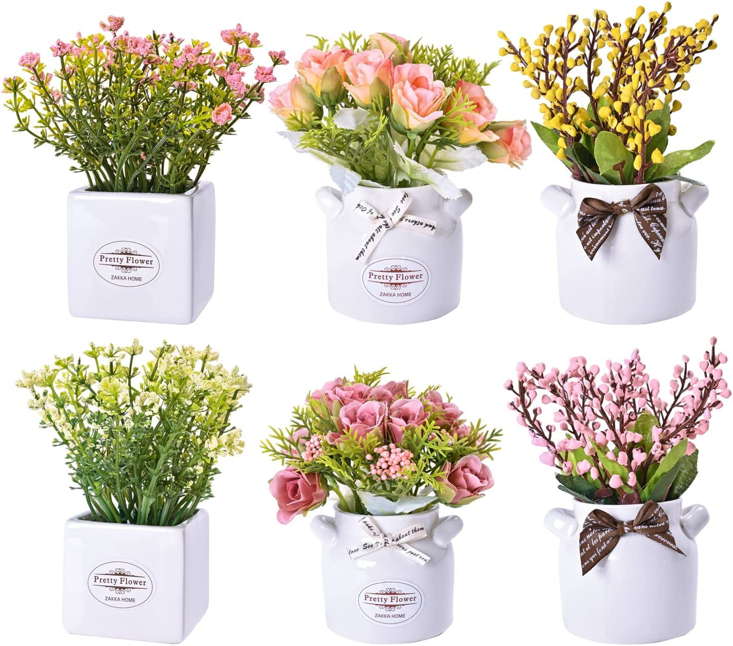 Yorkmills 6pcs Artificial Flowers with vase, Fake Flower Arrangements in Ceramic Pots, Faux Flowers for Home, Office,Table Decorations Centerpiece,Spring Decor, Small Ornaments for Shelves