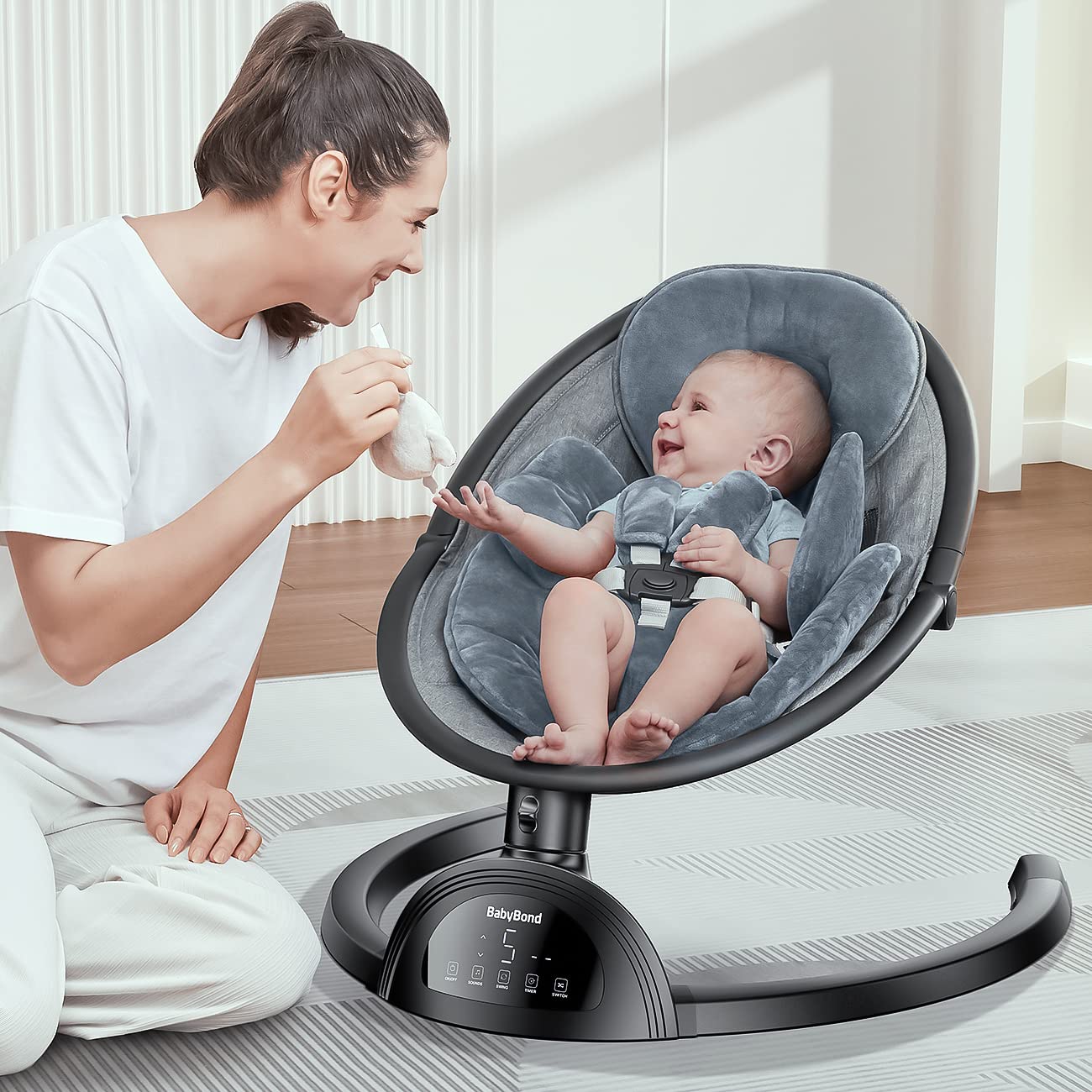 BabyBond Baby Swings for Infants, Bluetooth Infant Swing with Music Speaker, 3 Seat Positions, 5 Point Harness Belt, 5 Speeds and Remote Control - Portable Baby Swing for Indoor and Outdoor (Black)