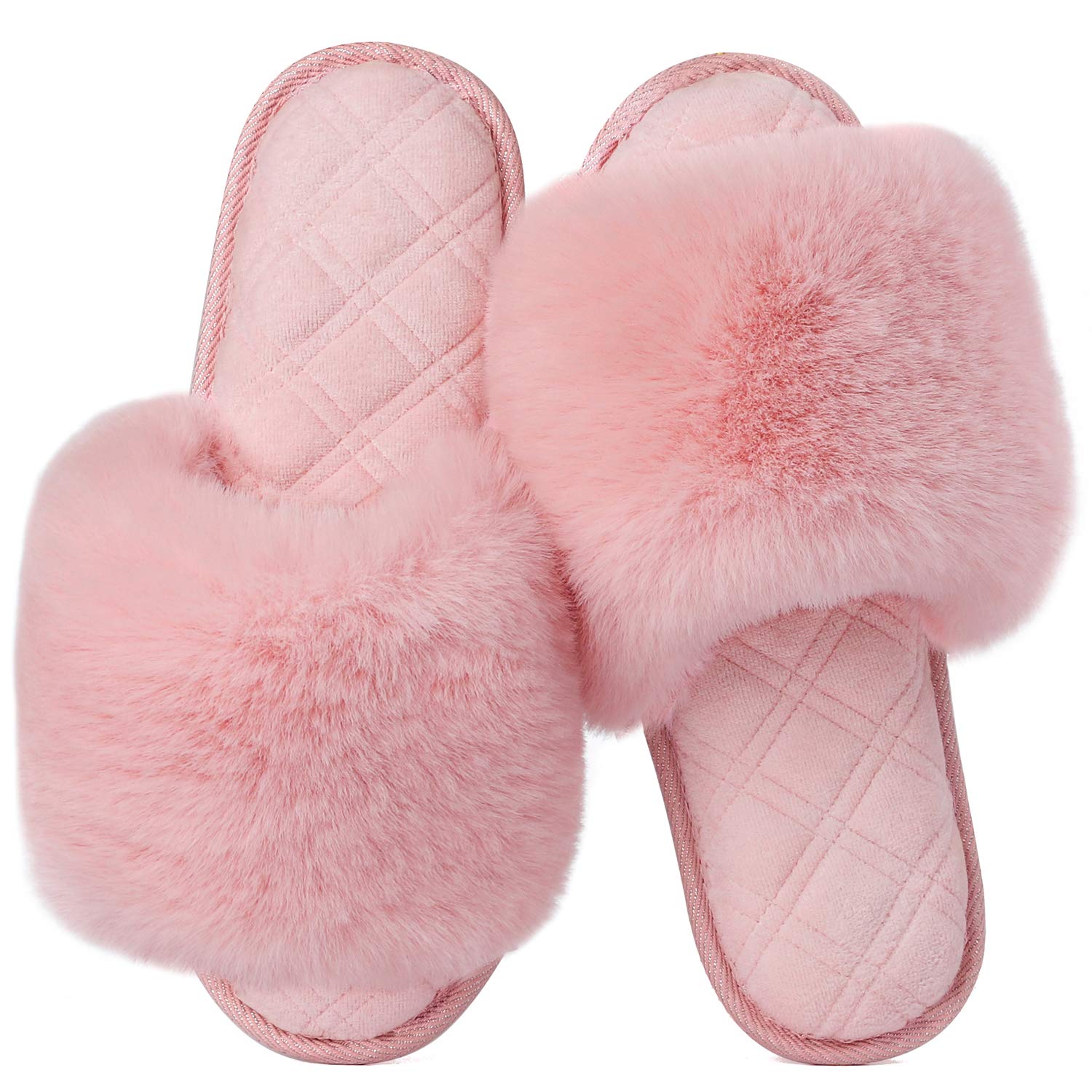 LongBayWomen's Fuzzy Faux Fur Memory Foam Cozy Flat Spa Slide Slippers Comfy Open Toe Slip On House Shoes Sandals