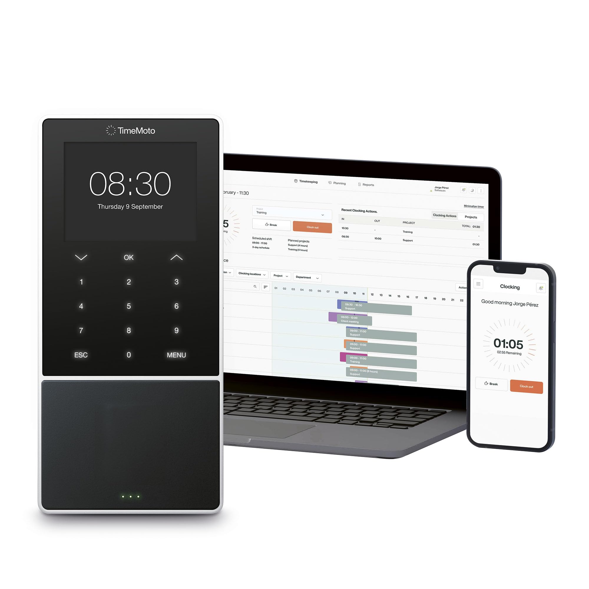 TimeMoto TM—818 SC Cloud-Based Employee Time Clock, Pairs With Contactless Smart Access Cards, RFID Badge/Keyfob, PIN, Up To 2,000 Users, Worked Hours Reporting, Timesheets, Wi-Fi, App for iOS/Android