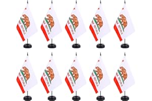 ZXvZYT California Flag Banner USA California Desk Flag Set Small Mini Calif. CA State Office Table Stick Flags with 12" Solid Pole Black Stand Base Decorations (12 Pack)