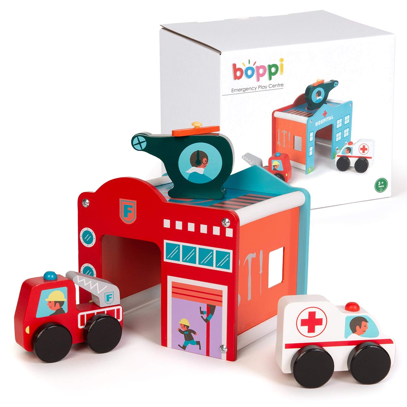 boppi Wooden Toy Emergency Rescue Centre Building Playset | Toys with Ambulance Fire Engine and Helicopter | Play Accessory Vehicles for 3 Years and Up