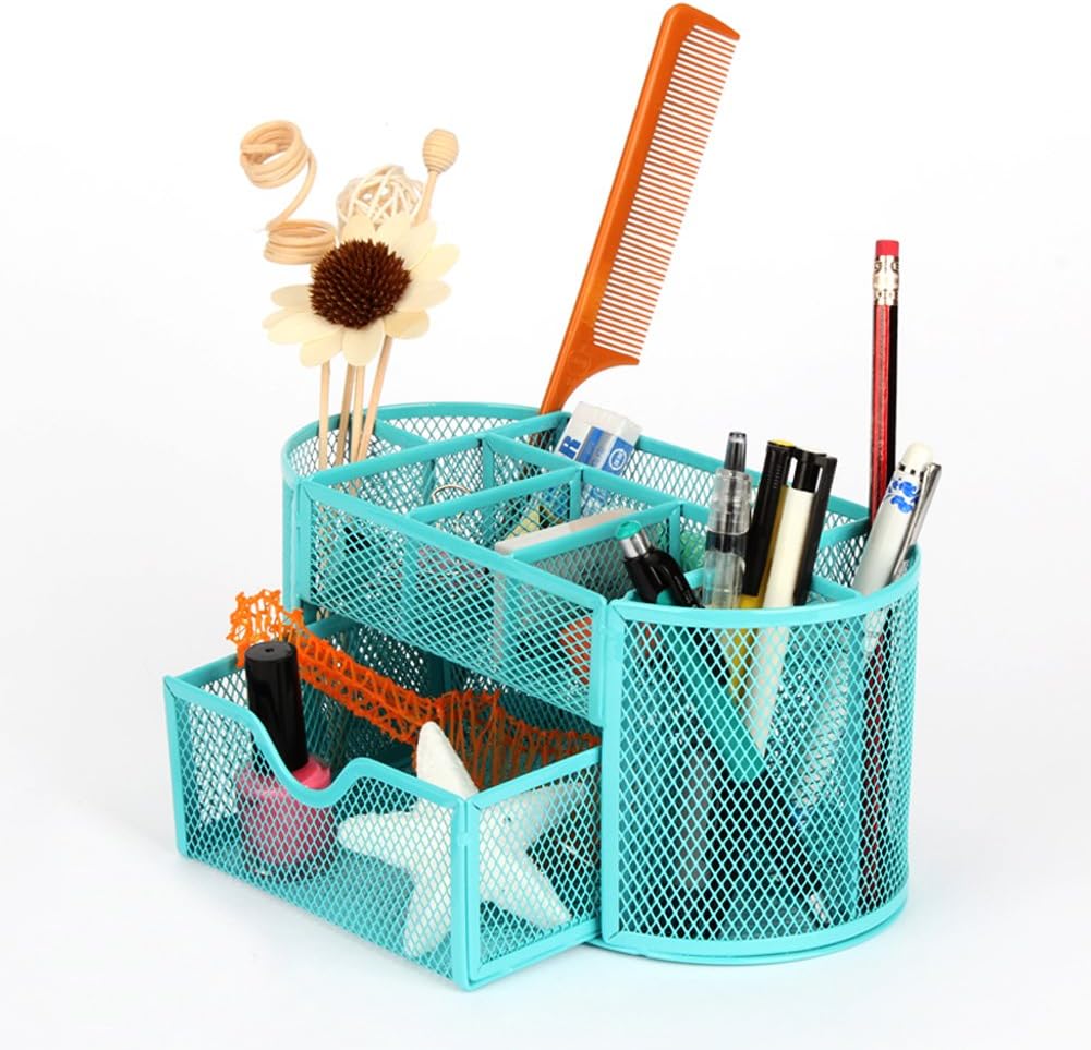 ULPEAK Mesh Metal Office Desk Tidy Organiser with Drawer Storage Rack Set Pen Holders Desktop Stationary Container Blue