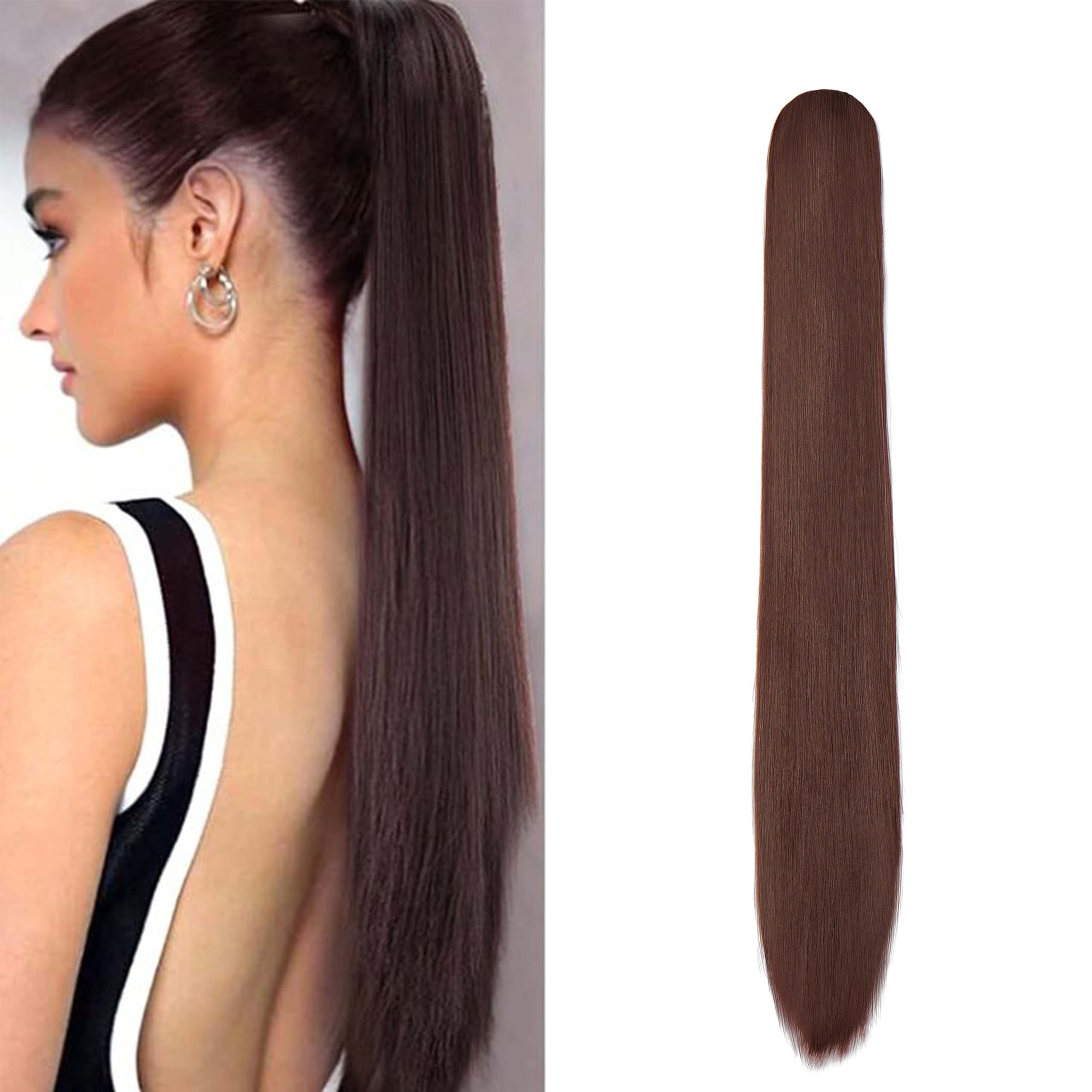 Gairyan 24 inch Ponytail Extension Long Straight Pony Tails Claw on Ponytail Synthetic Hairpieces for Women Soft Natural Look (Dark Auburn)