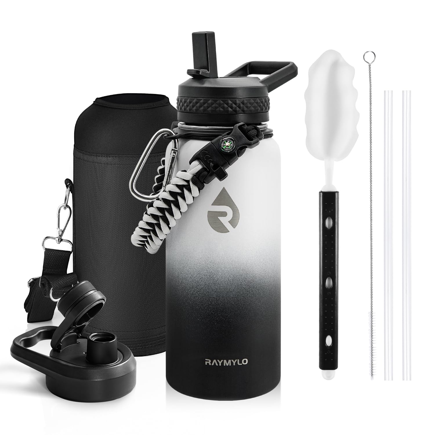 Photo 1 of *BOTTLE ONLY* RAYMYLO Insulated Water Bottle 32 oz, Triple Wall Vacuum Stainless Steel (Cold for 48 Hrs), Leak Proof & Non-BPA, Modern Water Flask Jug with Paracord Handle & Straw Spout Lids, Ombre: White/Black