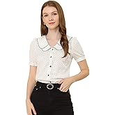 Allegra K Women's Vintage Polka Dots Peter Pan Collar Puff Short Sleeve Shirt Top