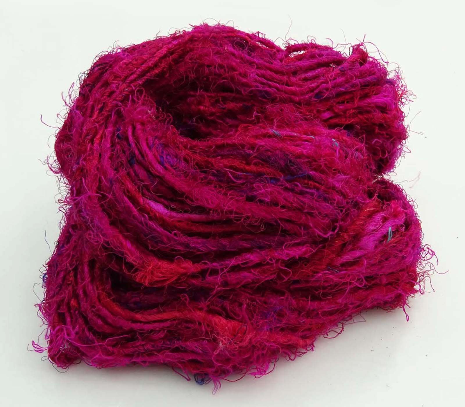 Vintageandyou 100g Recycled Sari Silk Yarn Hand-spun Magenta Soft Yarns