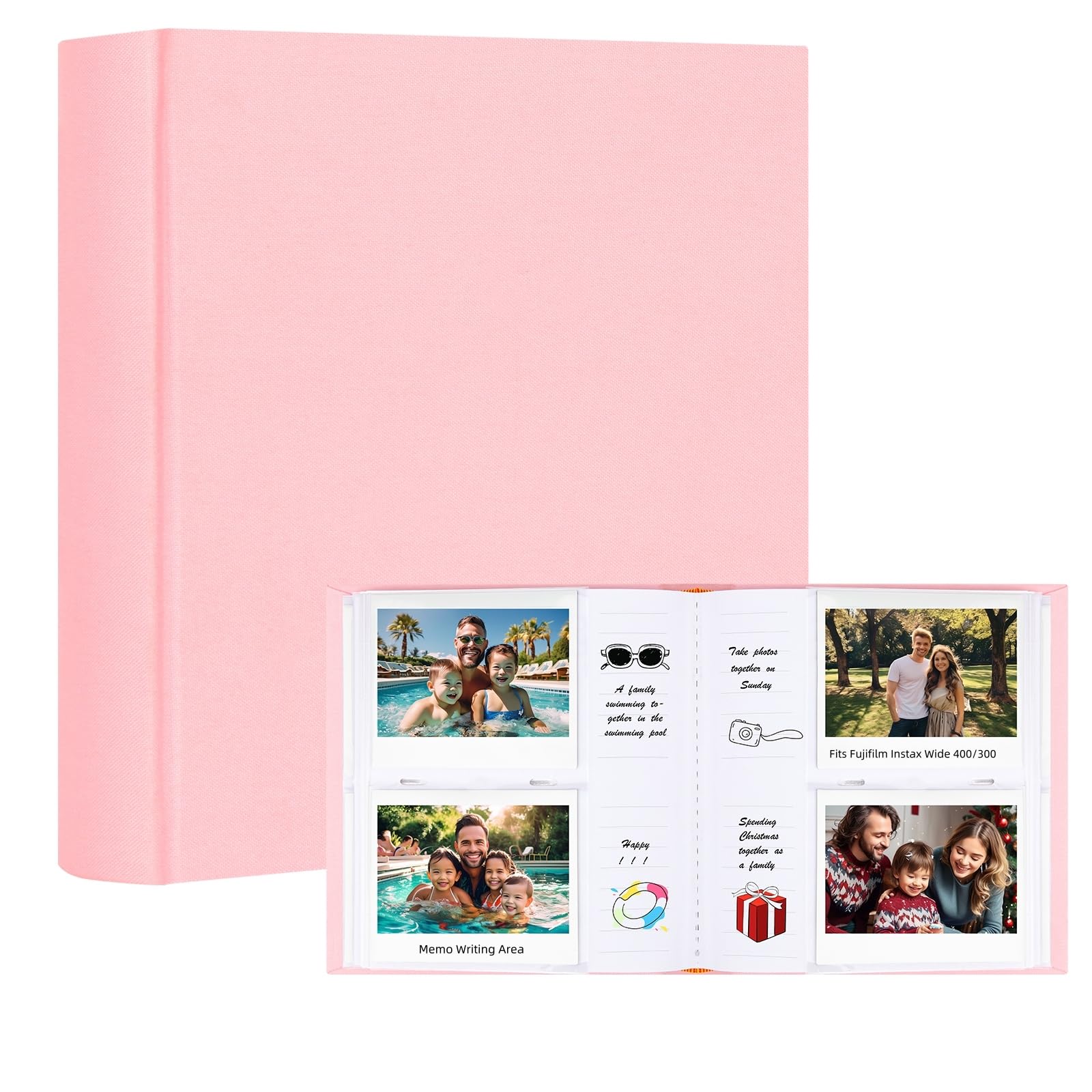 120 Pocket Photo Album for Fujifilm Instax Wide 400/300 - Linen Cover with Writing Space, Fits Polaroid Now/Now +/OneStep/OneStep 2, POP/Lab Printer & i-Type/600/SX-70 Film (Pink)