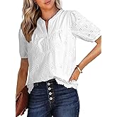 Dokotoo Women's Dressy Casual Lace Blouses Summer Tops Half Sleeve V Neck Buttons Hollow Out Embroiderey Shirts