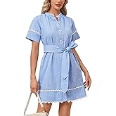 Women's Short Sleeve Summer Shirt Dress Button Down Belted Tunic Mini Dresses RIC Rac Trim Sundress with Pockets