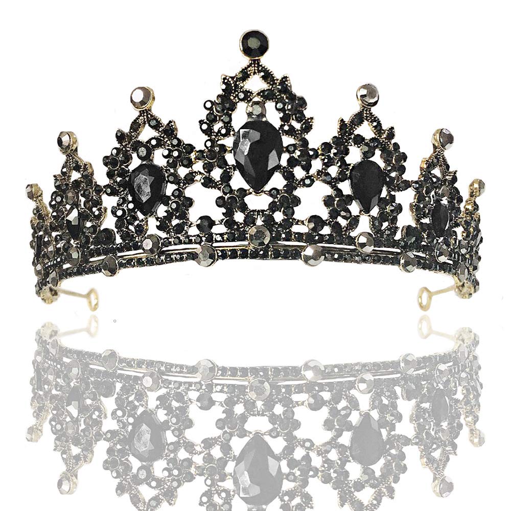 Vintage Girls Crystal Tiara Black Crown Women Carnival Headdress Princess Elf Headband Gift for Costume Wedding Prom Birthday Party Pageant Christmas Halloween Carnival Hair Accessories Baroque
