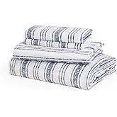 JSD 100% Cotton Queen Sheet Set, Blue Striped Sheets, 300 Thread Count Sateen Bed Sheets Deep Pocket, Soft Breathable Cooling