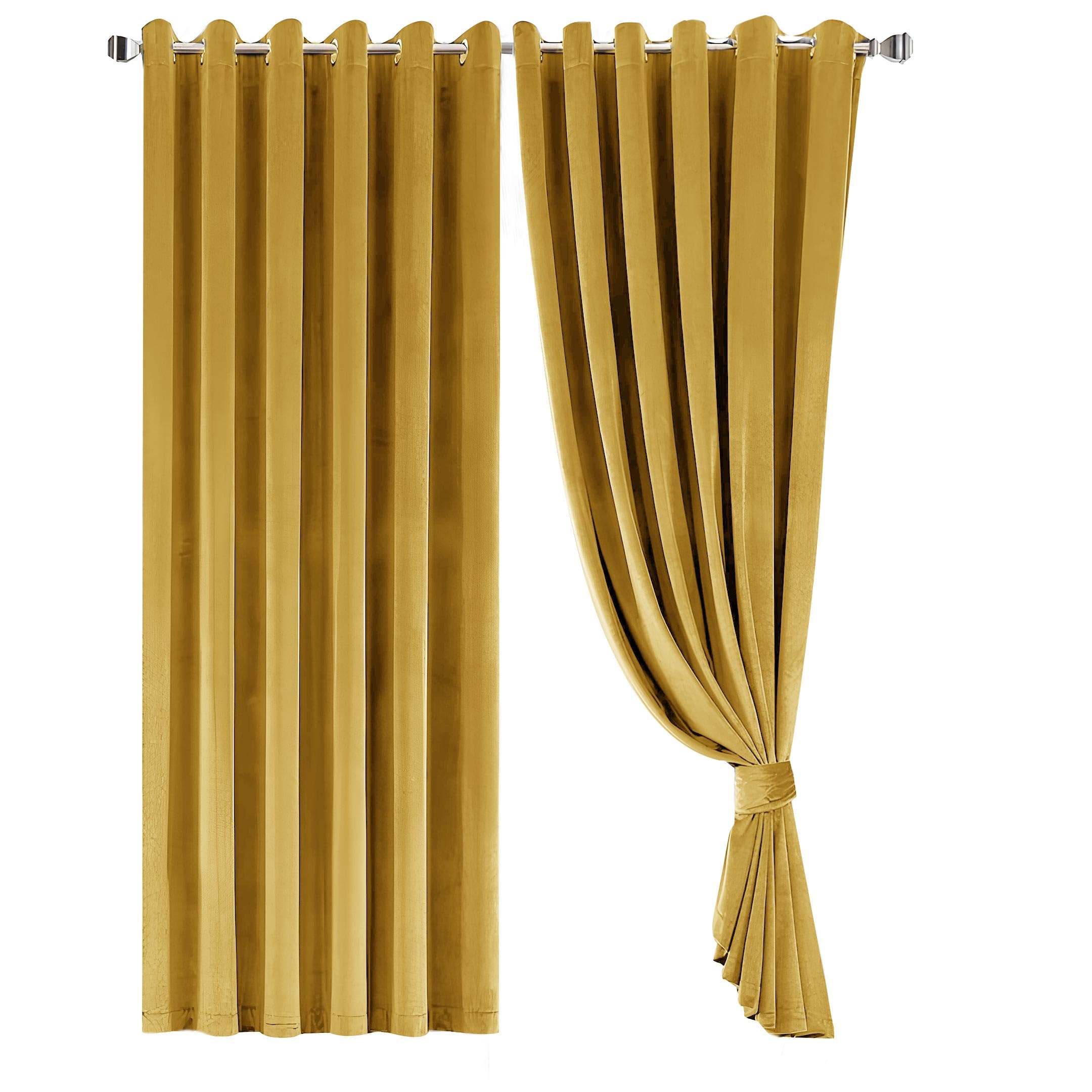 Opulent Dreams Crushed Velvet Curtains - Fully Lined & Room Darkening - Eyelet Ring Top for Bedroom & Living Room - Includes Two Tie Backs - Pair of Panels (Ochre, 90" x 90" (229 x 229 cm))