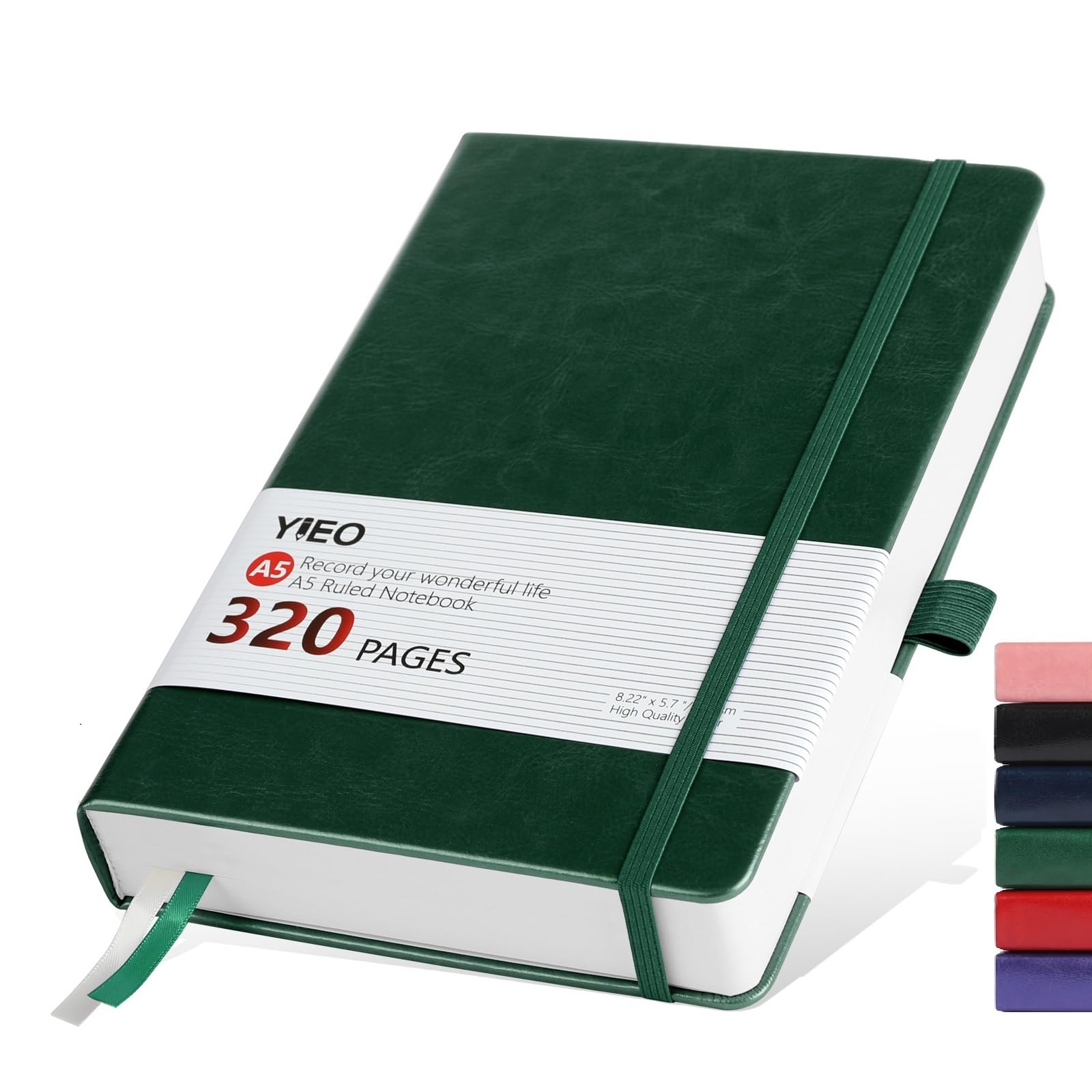 Notebook A5, Hardback A5 Notebook Thick Journal Notebook 320 Pages 100GSM A5 Lined Note Book Hardcover Notepad with Inner Pocket, Pen Loop, Elastic Closure and 2 Ribbon Page Marker,14.5 x 21cm-Green