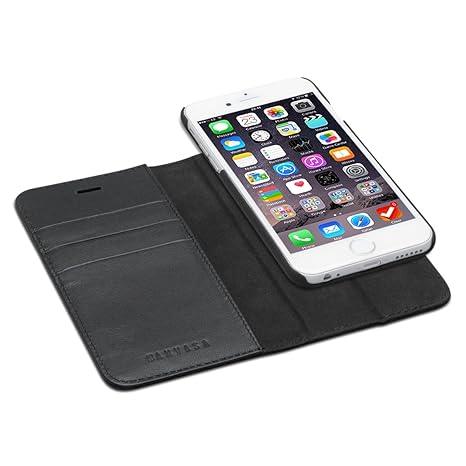 KANVASA iPhone 6 / 6s Ledertasche 2 in 1 Lederhülle Schwarz Luxus Echtleder Hülle Leder Tasche Flip Cover für Original Apple 