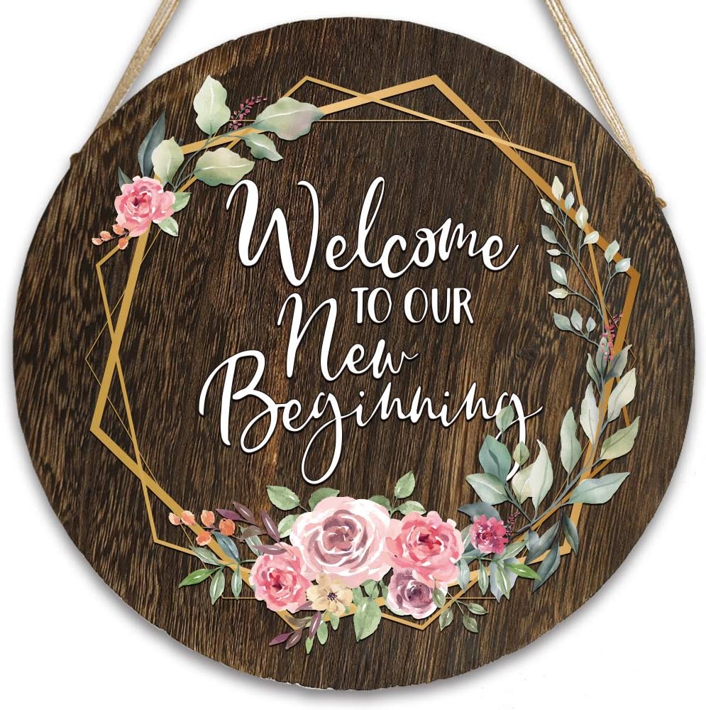 vizuzi Housewarming Gift Welcome to Our New Beginning Front Door Hangers Hanging Sign, Rustic Wood Round Hanging Wreaths Sign for Rustic Farmhouse Porch Outdoor Decor