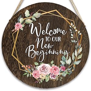 vizuzi Housewarming Gift Welcome to Our New Beginning Front Door Hangers Hanging Sign, Rustic Wood Round Hanging Wreaths Sign for Rustic Farmhouse Porch Outdoor Decor