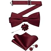 DiBanGu Mens Satin Pre-tied Bowtie Shiny Solid Bow Tie and Pocket Square Cufflinks Lapel Pin Set for Tuxedo Wedding Party
