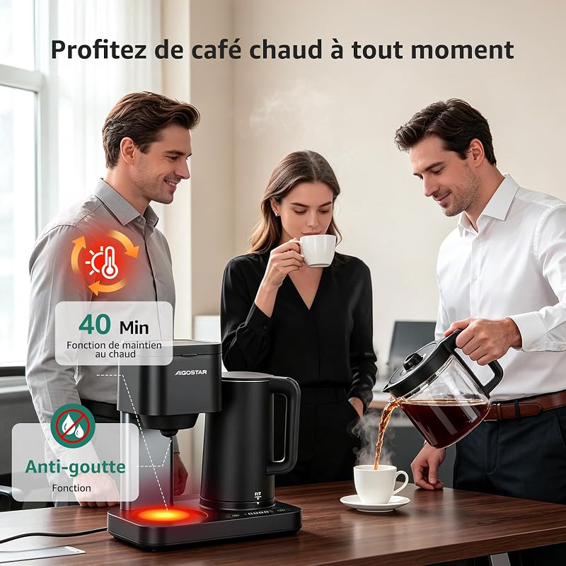 Cafetière Filtre 3‑en‑1,8 Tasses, Temp.60‑100°C,Panneau Tactile LED